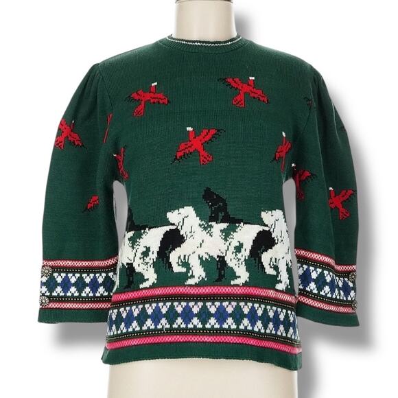 Vintage 90s Cullinane Knit Pullover Sweater Green Red Birds Sheepdogs Made USA - Picture 1 of 13